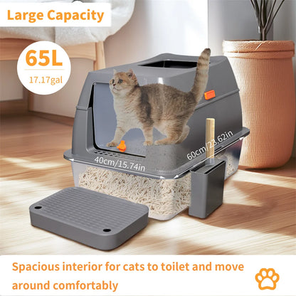 XXL Stainless Steel Cat Litter Box, Enclosed Puppy Cat Litter Tray with Lid Large, Litter Pan, High Wall Side, Easy Cleaning Toilet