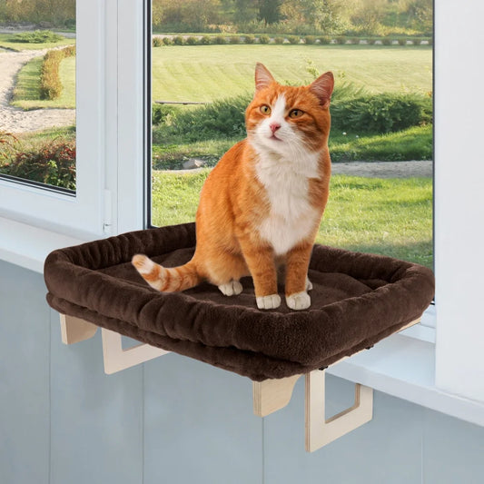 Cat Bed Windowsill Perch Hammock with Bolster, Easy Installation, Comfortable Wooden Frame, Durable Cat Shelf, Indoor Feline