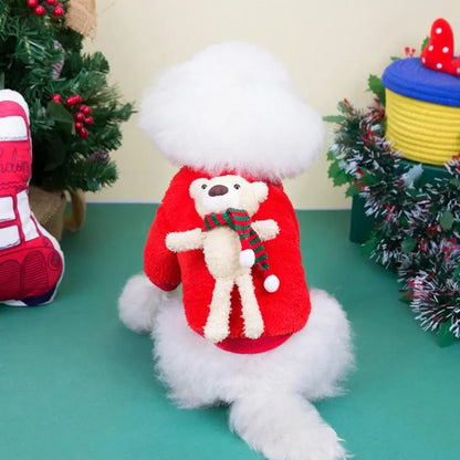 Pet Christmas Costumes, Winter Plush Dress, Warm Dog Hoodie, Dog Holiday Apparel With Bear