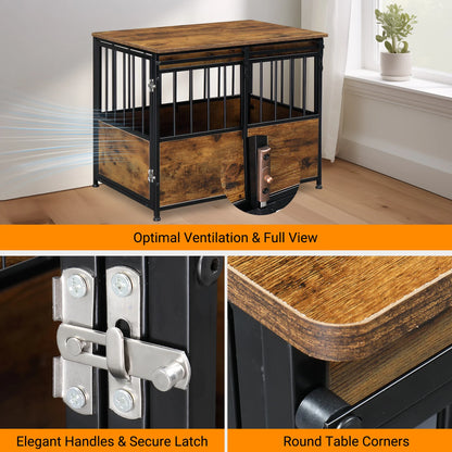 Dog Crate Furniture, Heavy Duty Wood, Double Doors, Decorative Pet House, Sliding Door, Rustic Brown.