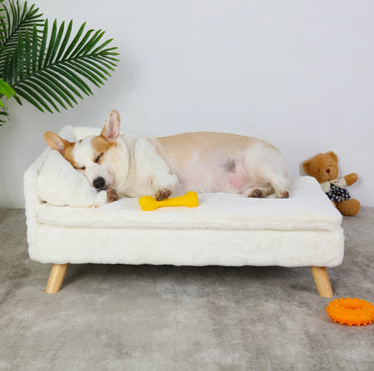 Elevated Pet Bed, Solid Wood Leg, Dog/Cat Sofa for Indoor, L Shape Plush Couch, Lounge with Soft Cushion