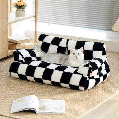 Pet Couch Bed 26×19×13 Inch, Washable Cat Bed, for Medium Small Dogs Cats up to 25 lbs, Fluffy Cat Couch Black White