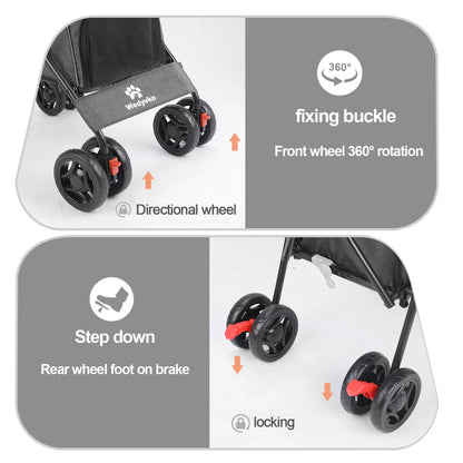 Pet Dog Stroller, 4 Wheels Puppy Stroller, Wheels Rotate with Brakes, Storage for Dogs Cats Travel, Pet Supplies Outdoor