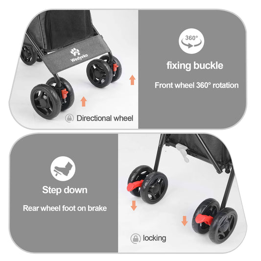 Pet Dog Stroller, 4 Wheels Puppy Stroller, Wheels Rotate with Brakes, Storage for Dogs Cats Travel, Pet Supplies Outdoor