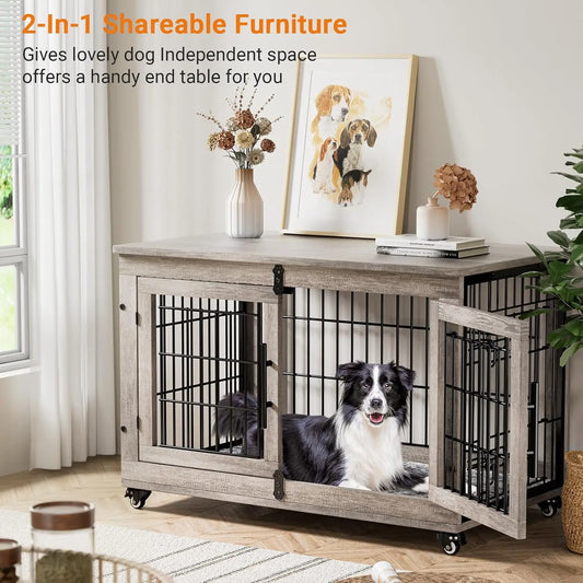 Dog Kennel Indoor, Double Doors Wooden Dog Cage, 38'' Heavy Duty Dog Crate, End Table, Pet House, Chew-Resistant, Up to 70 lb, Grey