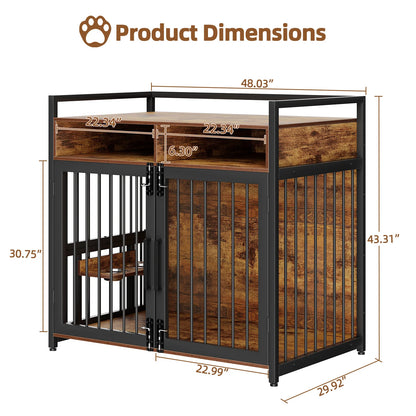 41/48 Inch Wooden Dog Crate Furniture, with Storage Drawers, Adjustable Raised Feeder, Indoor Pet House for Large & Medium Dogs