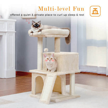 Small Tree Tower Cat with Scratching Pad, Two Large Condos, Cat Scratching Post, Indoor Kitten House, Two Colors