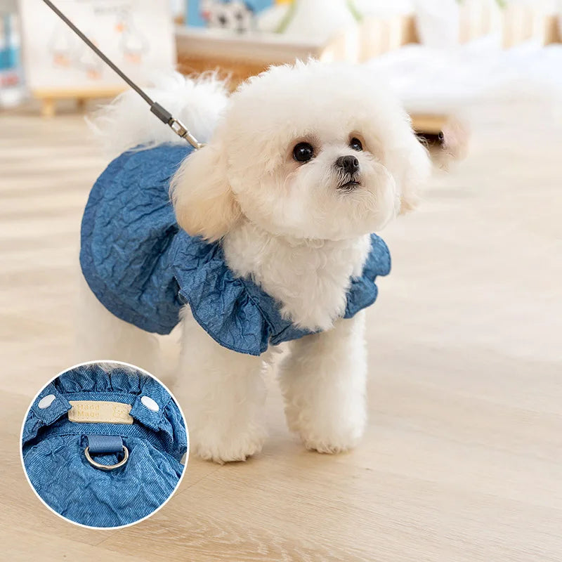 Denim Dog Dresses for Small Dogs, Puppy Girl Clothes, Leash Ring, Flying Sleeves, Summer Cat Apparel Blue, Chihuahua Outfits