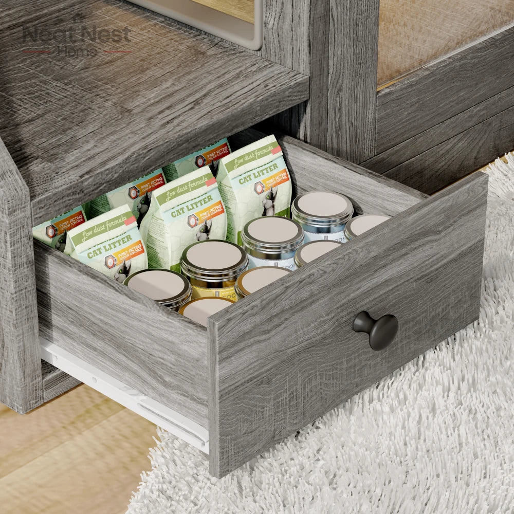 Indoor Cat House for Living Room, Cat Litter Box Enclosure with Light, Hidden Litter Box Furniture with 2 Storage Drawers