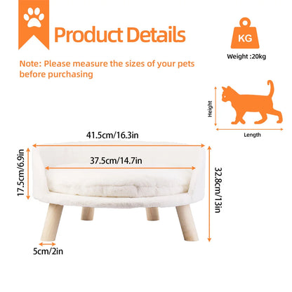 Luxury Cat Bed, Soft Warm Plush Fabric, Pet Nesting Chair, Bed Stool, Wood Legs with Cushion Pad, Washable Waterproof for Small Pets