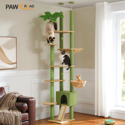 Adjustable Cat Tree, Floor to Ceiling Cat Condo, Hanging Ball, 5 Scratching Posts, Hammock, Ample Resting Place for Cats