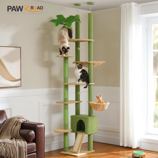Adjustable Cat Tree, Floor to Ceiling Cat Condo, Hanging Ball, 5 Scratching Posts, Hammock, Ample Resting Place for Cats