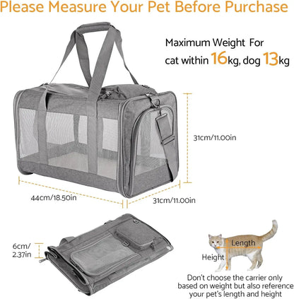 Airline-Approved Pet Carrier for Cats/Dogs, Soft Travel Bag with Breathable Honeycomb Board - Removable Support for Car/Air Travel