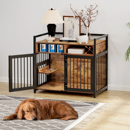 41/48 Inch Wooden Dog Crate Furniture, with Storage Drawers, Adjustable Raised Feeder, Indoor Pet House for Large & Medium Dogs
