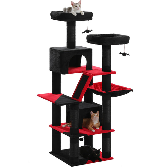 Deluxe 70in/180cm Multi-Level Cat Tree, Plush Condo, 6 Scratching Posts,  Perches, Caves, Hammock, Pompoms, for Active Felines