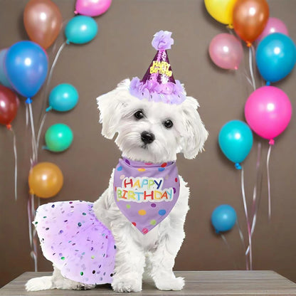 Cute Dog Birthday Costume Set, Adorable Party Hat, Matching Skirt and Scarf, Indoor and Outdoor Pet Celebrations