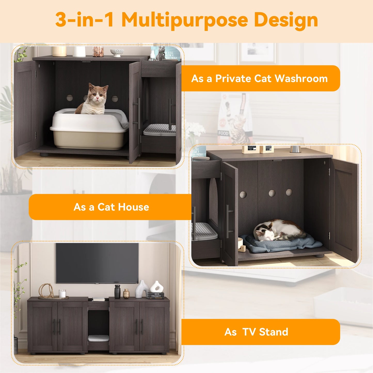Double-Room Cat Litter Box Enclosure, Furniture for 2 Cats, Wooden Design, Discreet Home Decor Solution, With Integrated Storage