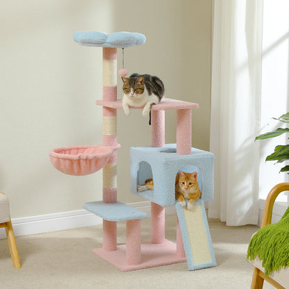 Multi-Level Flower Cat Tree Tower with Sisal Scratch Posts, Ramp, Top Perch and Fluffy Ball, for Small to Medium Indoor Cat.