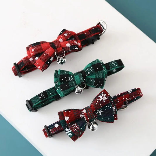 Christmas Snowflake Checker Bowknot Bell Cat Collar, Safety Buckle, Removable Pet Collar, Small Dog/Cat Christmas Bell Collar