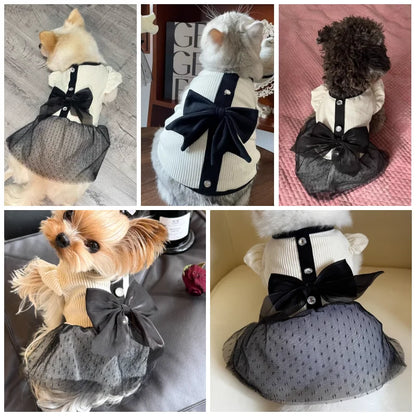 Luxury Dress for Small Dogs, Summer Puppy Clothes, Bow Lace Dog Skirt, Black White Dog T Shirt, Girls Dog Costume, Chihuahua Vest