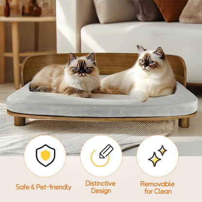 Elevated Pet Bed, Kitten Cat Sofa Bed, for Small Dogs, Solid Wood Legs and Bent Wood Backrest, Removable Washable Cover