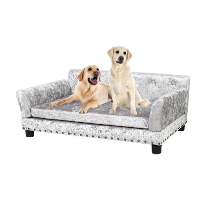 Deluxe Dog Couch Bed, Silver Dutch Velvet Upholstered Sofa Bed, Removable Cushion, for Medium to Large Dogs