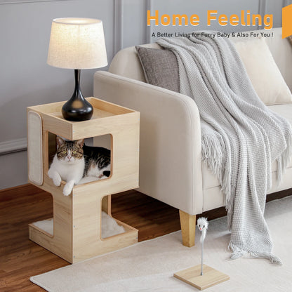 Wooden Cat Condo House with Plush Mats, Scratching Pad, Detachable Scratcher, Quality Furniture End Table Cat Condo