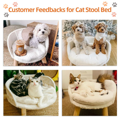 Luxury Cat Bed, Soft Warm Plush Fabric, Pet Nesting Chair, Bed Stool, Wood Legs with Cushion Pad, Washable Waterproof for Small Pets