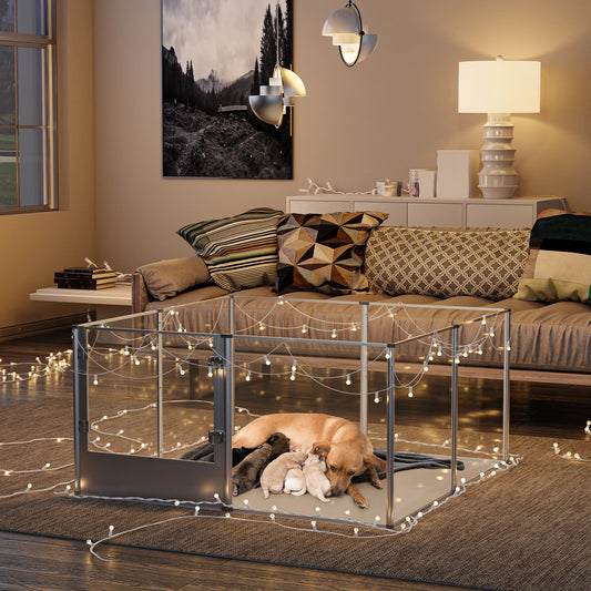 Acrylic Dog Playpen Fence, Pet Clear Exercise Play Pen, Whelping Box with Waterproof Fertility Pad, for Cats, Dogs, Kittens, Puppies