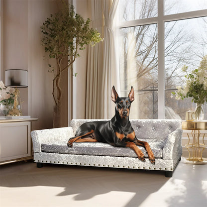Deluxe Dog Couch Bed, Silver Dutch Velvet Upholstered Sofa Bed, Removable Cushion, for Medium to Large Dogs