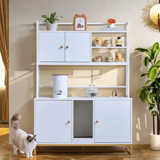 Cat Litter Box Enclosure with Power Outlet, Upgraded, Large Double Hidden Cat Litter Box, Furniture with Shelf, Indoor Cat House, Brown or White