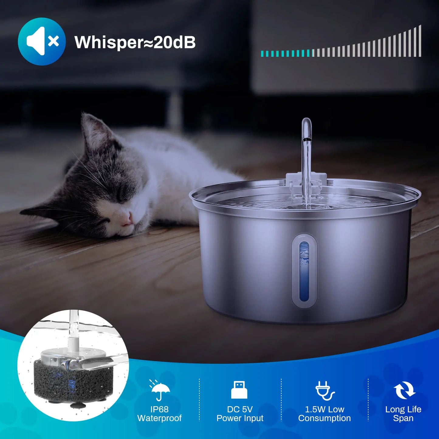 Cat Water Fountain Stainless Steel, 108oz/3.2L Pet Water Fountain With Ultra Quiet Pump, Filtration System, Water Level Window