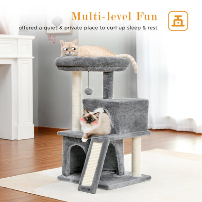 Small Tree Tower Cat with Scratching Pad, Two Large Condos, Cat Scratching Post, Indoor Kitten House, Two Colors