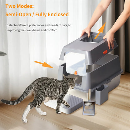 XXL Stainless Steel Cat Litter Box, Enclosed Puppy Cat Litter Tray with Lid Large, Litter Pan, High Wall Side, Easy Cleaning Toilet