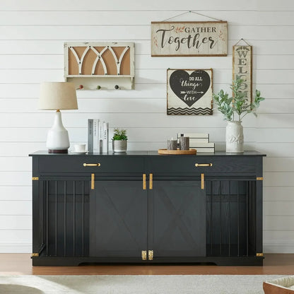 Extra Large Furniture Style Double Dog Crates, 72.5" Farmhouse Wooden Dog Kennel Furniture with Drawers, Divider