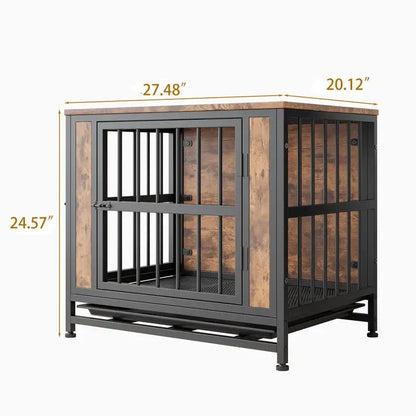 Wooden Dog Crate Table, 27.48" Decorative Pet Crate House, 2 Sliding Doors, Thick Iron Door Frame, Indoor Kennel for Small Dog