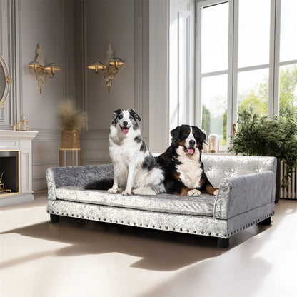 Deluxe Dog Couch Bed, Silver Dutch Velvet Upholstered Sofa Bed, Removable Cushion, for Medium to Large Dogs