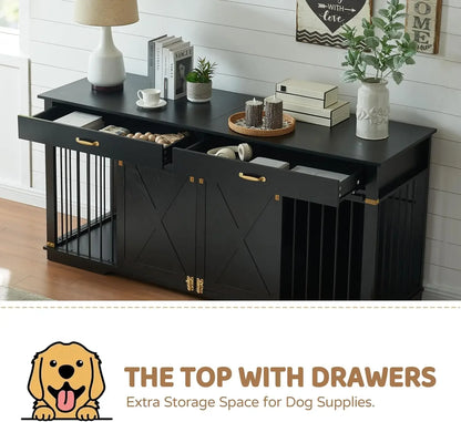 Extra Large Furniture Style Double Dog Crates, 72.5" Farmhouse Wooden Dog Kennel Furniture with Drawers, Divider