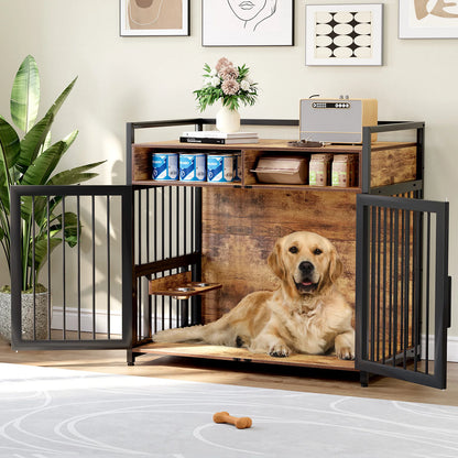 41/48 Inch Wooden Dog Crate Furniture, with Storage Drawers, Adjustable Raised Feeder, Indoor Pet House for Large & Medium Dogs