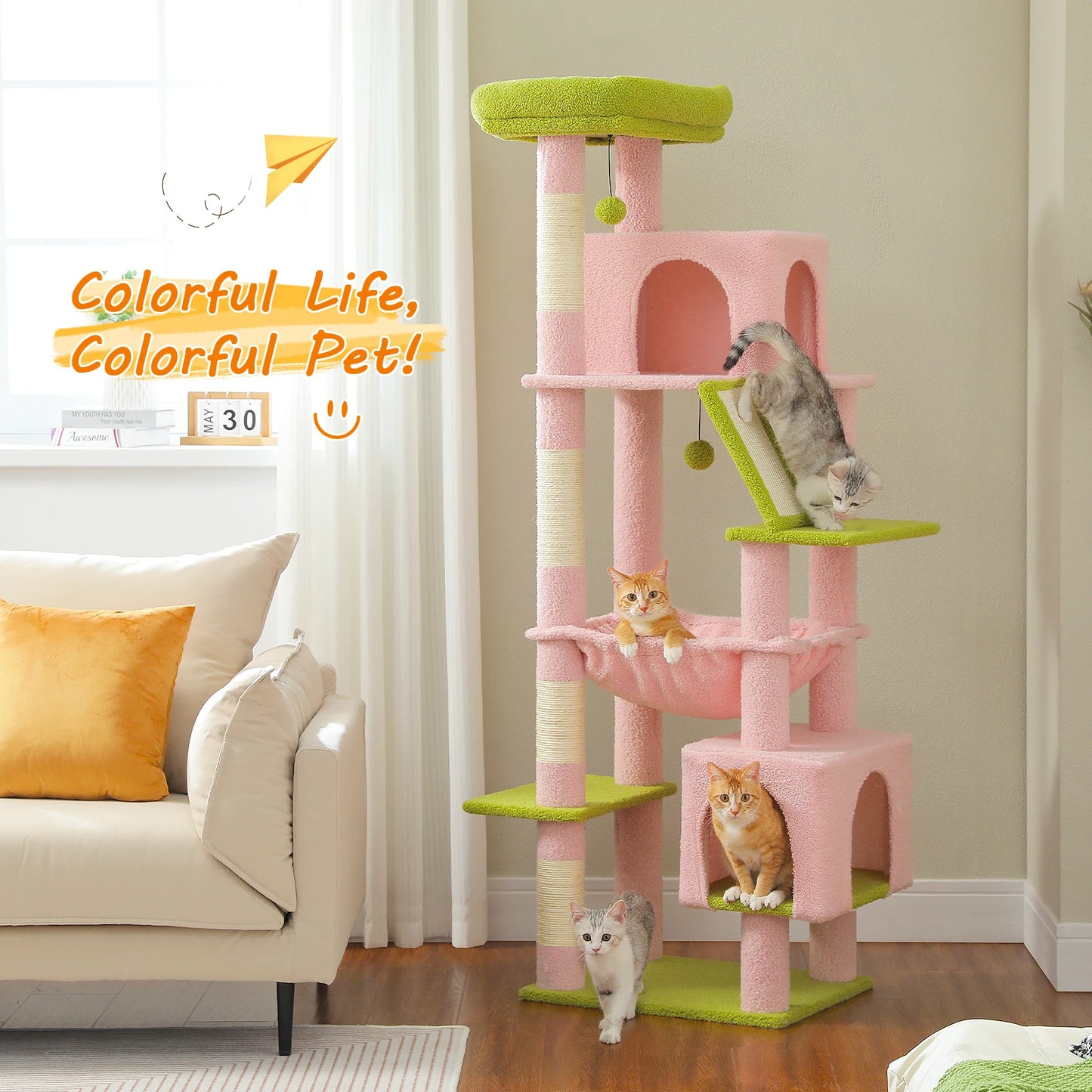 Tall Cat Tree for Large Cat with Large Hammock, Multi-Level Cat Tower with 2 Spacious Condos, Sisal Scratching Posts, Cat Toys