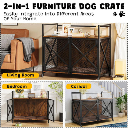 Large Wooden Dog Crate Furniture, Decorative End Table Indoor Dog House, With Lockable Wheels For Dogs, Heavy Duty Dog Cage