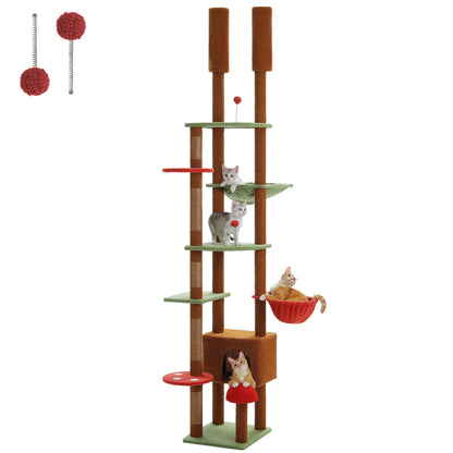 Adjustable Cat Tree, Floor to Ceiling Cat Condo, Hanging Ball, 5 Scratching Posts, Hammock, Ample Resting Place for Cats