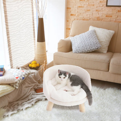 Luxury Cat Bed, Soft Warm Plush Fabric, Pet Nesting Chair, Bed Stool, Wood Legs with Cushion Pad, Washable Waterproof for Small Pets