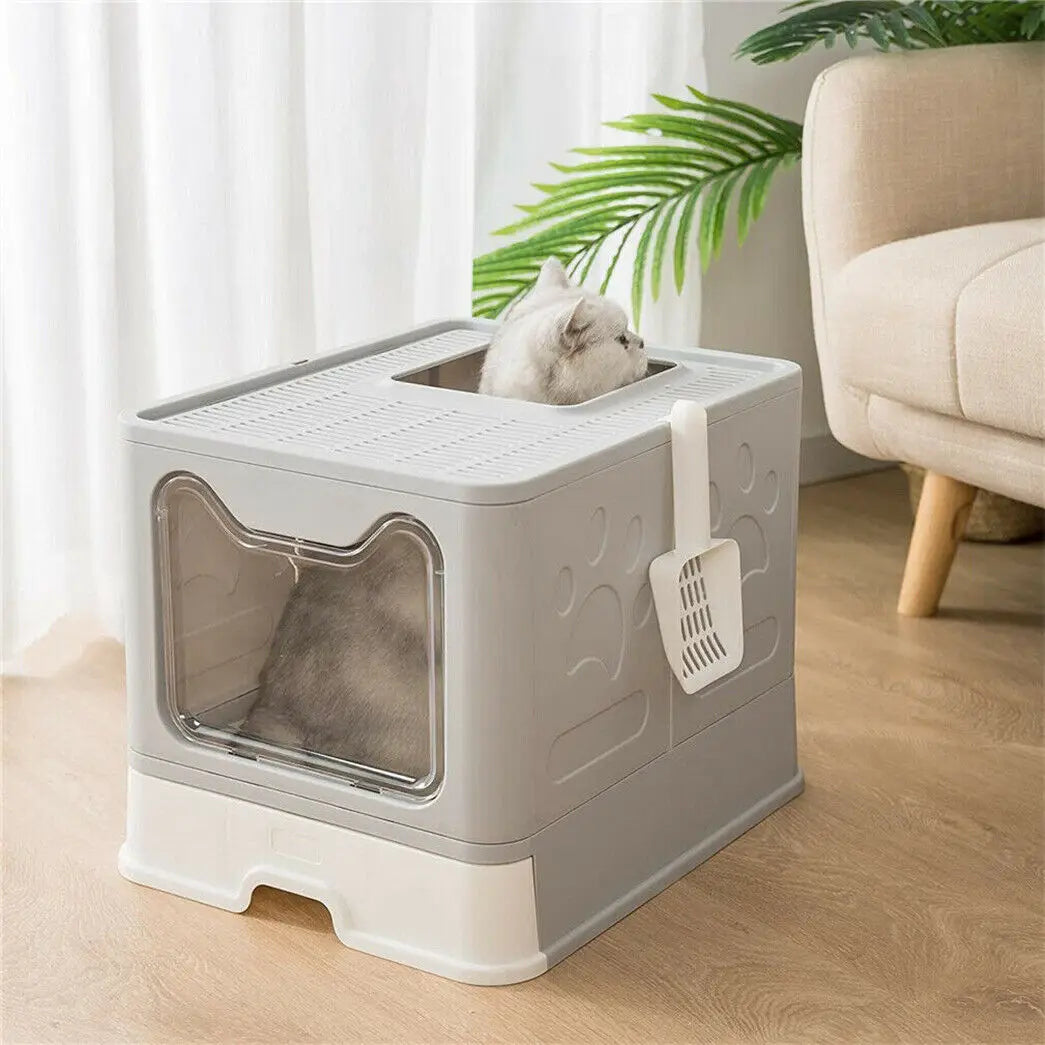 Front Entry Top Exit, Cat Litter Tray Box, with Scoop and Drawer, Foldable Hooded Kitty Pet Toilet, Extra Large