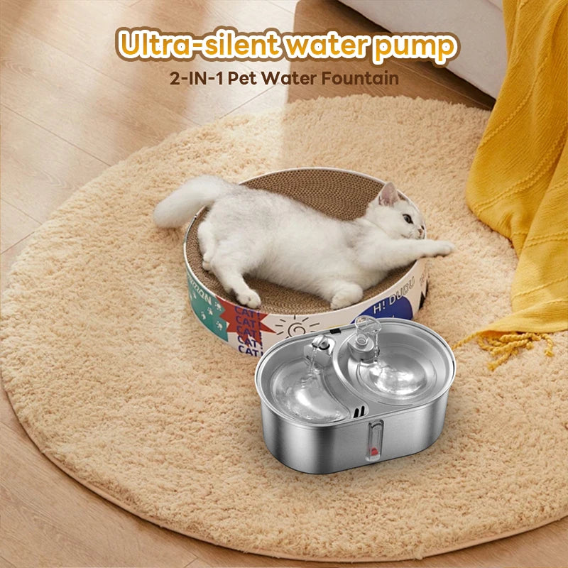 Stainless Steel Pet Water Fountain, 0.8 GAL 2-IN-1 Automatic,  Water Level Marker, Suitable For Dogs Cats And Multiple Pets