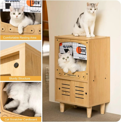 Cat TV House, Sturdy Wooden Cat Condo, Luxury Cat TV, Furniture with Cat Scratcher and Storage Space