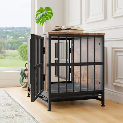 Wooden Dog Crate Table, 27.48" Decorative Pet Crate House, 2 Sliding Doors, Thick Iron Door Frame, Indoor Kennel for Small Dog