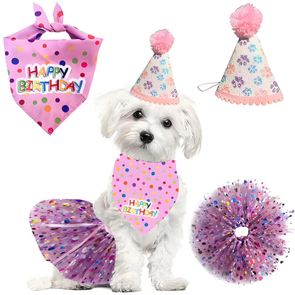 Cute Dog Birthday Costume Set, Adorable Party Hat, Matching Skirt and Scarf, Indoor and Outdoor Pet Celebrations