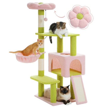 Multi-Level Flower Cat Tree Tower with Sisal Scratch Posts, Ramp, Top Perch and Fluffy Ball, for Small to Medium Indoor Cat.