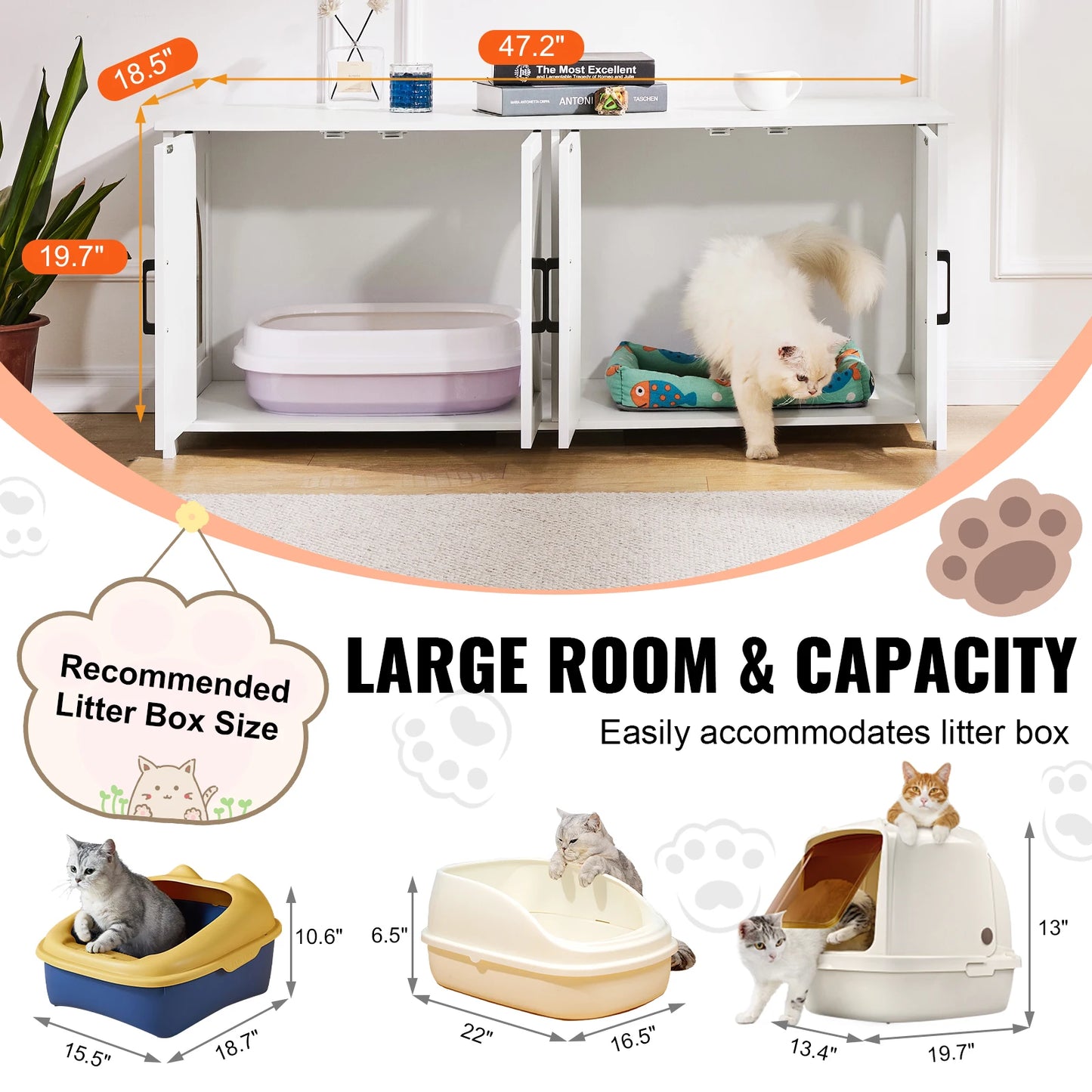 Cat Litter Box Enclosure for 2 Cats, Furniture, Hidden Wooden Cat Litter Box Cabinet